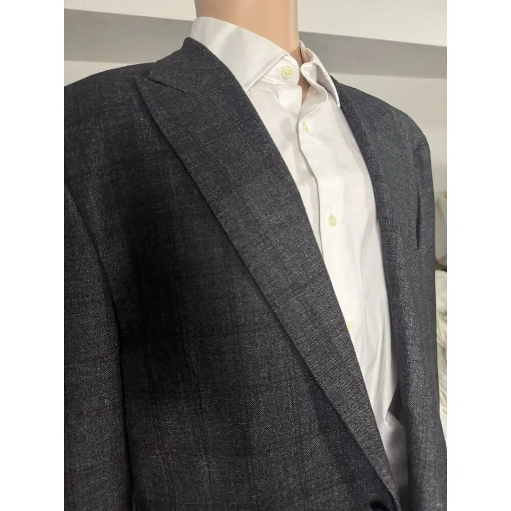 Brunello Cucinelli Wool Cashmere Charcoal Brown Windowpane IT 58/48R US Peak Lap